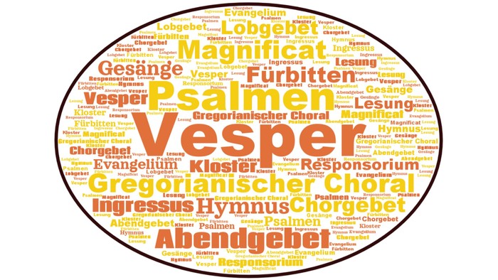 Das Bild zeigt ein Wortwolke mit biblischen und musikalischen Begriffen, wobei 