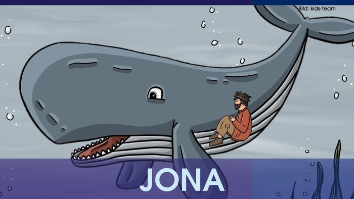 Eine karikaturistische Darstellung des biblischen Propheten Jona, der im Inneren eines Wals in tiefem Wasser ruht.