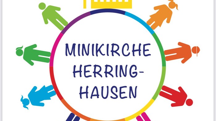  farbige Menschenfiguren bilden Kreis um Kirche und Text 