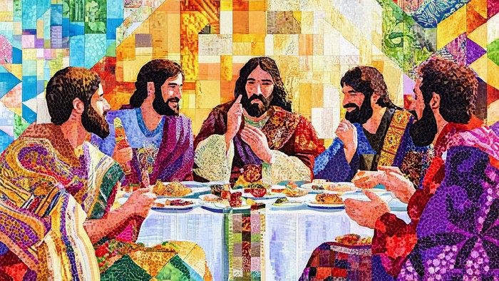 Farverigt mosaikagtigt billede af Jesus og disciplene, der deler et måltid sammen under den sidste nadver.