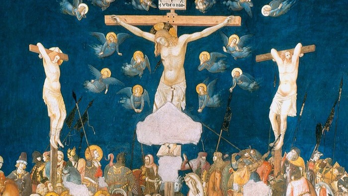 Korsfæstelsesscene med Jesus Kristus på korset, omgivet af figurer og engle.