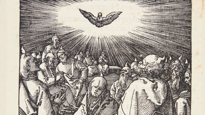 Religiøs scene med due og gruppe af mennesker.