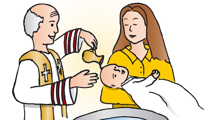Ein Priester segnet ein Baby über einem Taufbecken, während eine Frau das Kind hält