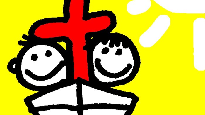 Bild mit fröhlichem Kind und Kreuz, Text über Kinder im Kindergarten