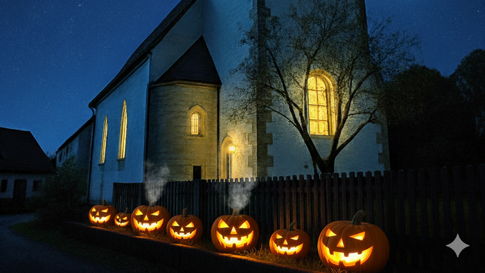 Kirche am Florenberg mit geschnitzten Kürbissen im Vordergrund