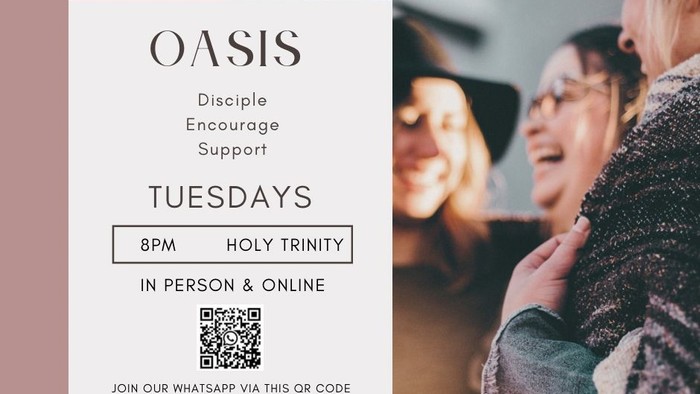 Flyer for Oasis group meetings on Tuesdays at 8PM, both in-person and online, with QR code for WhatsApp joining