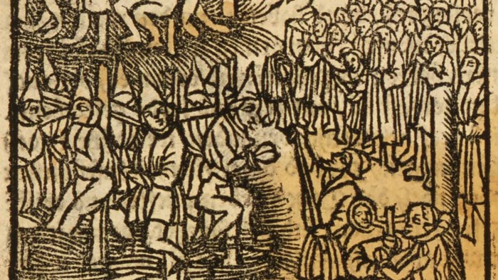 Das Holzschnittbild zeigt eine biblische Szene mit vielen Figuren und Tieren.