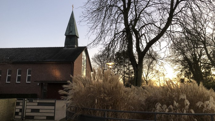 Kirchengrundstück mit spitzen Turm, hohem Gras und kahlen Bäumen bei Sonnenuntergang