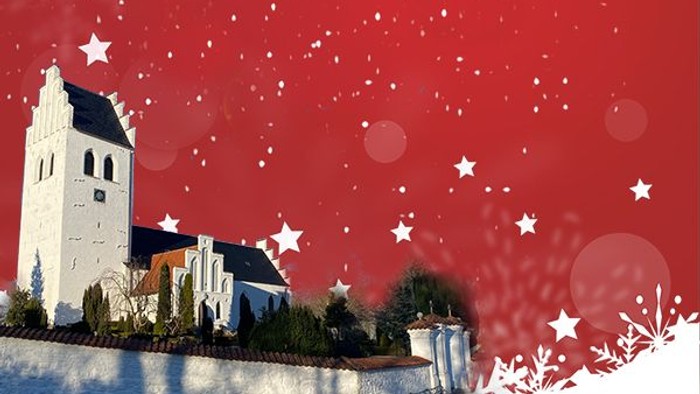 Hvid kirke med spir og stjerner på rød baggrund