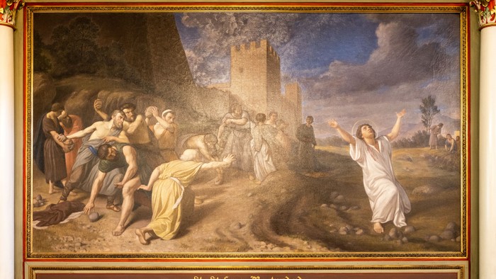 Billedet forestiller en religiøs scene med Sankt Stefanos Martyrdom.