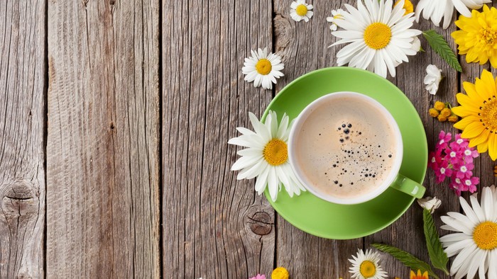 En grøn kop med latte art står ved siden af friske tusindfryd og vilde blomster på en træoverflade.