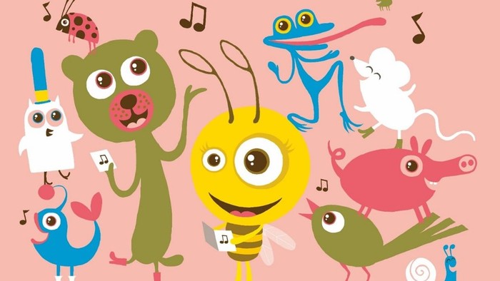 En gruppe af tegnede dyr og insekter danser og synger sammen på en rosa baggrund