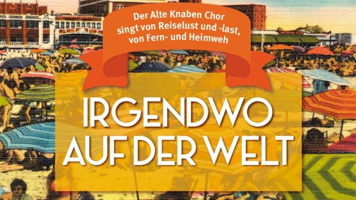 Plakat zur Bewerbung eines Liedes über Reise-Sehnsucht und Nostalgie von „Der Alte Knaben Chor“, dargestellt in einer lebendigen Outdoor-Szene.