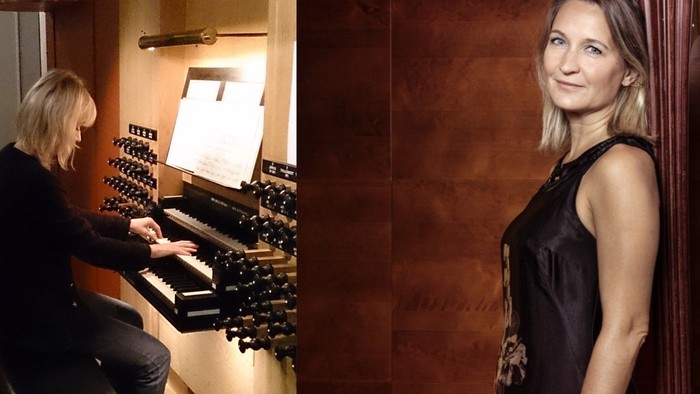 En kvinde spiller på et orgel på det ene billede og poserer med en fløjte på det andet.