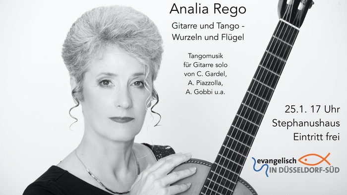 Ein Schwarz-Weiß-Plakat für eine Gitarren- und Tango-Aufführung von Analía Rego, das sie beim Spielen einer klassischen Gitarre zeigt.
