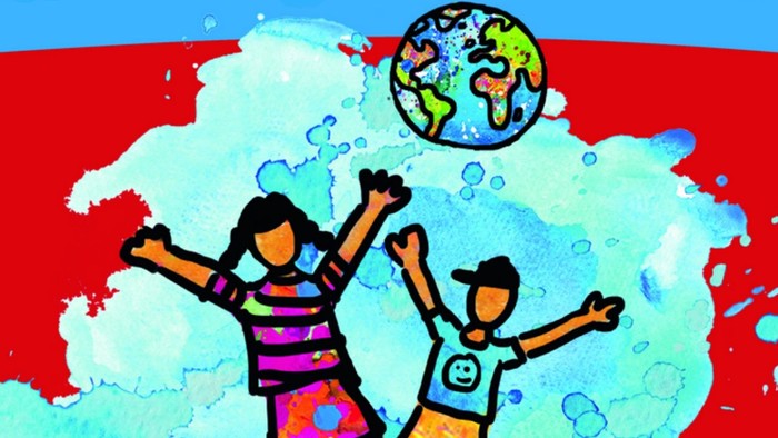 Buntes Plakat für eine Kinderkirchveranstaltung zur fröhlichen Feier Nigerias mit glücklichen Kindern und einem Globus.