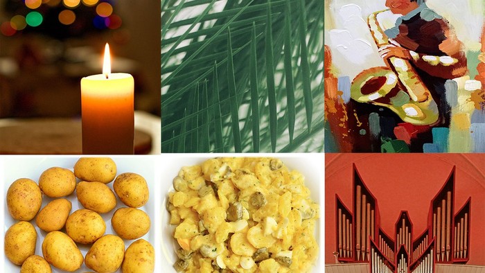Bild zeigt Kerze, Palmenblatt, Musiker, Kartoffeln, Auflauf, Gebäude-Silhouette