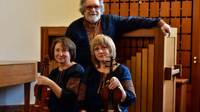 Drei Musiker posieren mit ihren Geigen in einem Raum