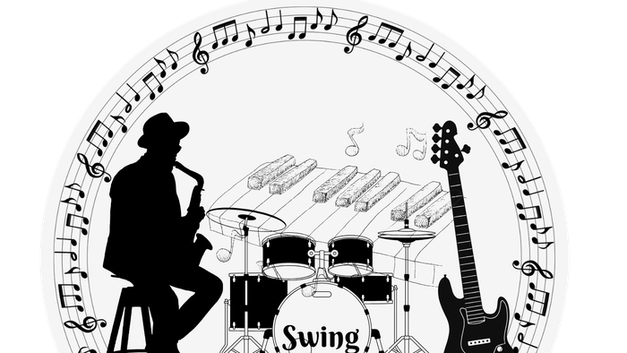 Teller mit Swing-Motiv, der einen Saxophonisten, ein Schlagzeug, eine Gitarre und musikalische Noten in einem stilisierten Design zeigt.
