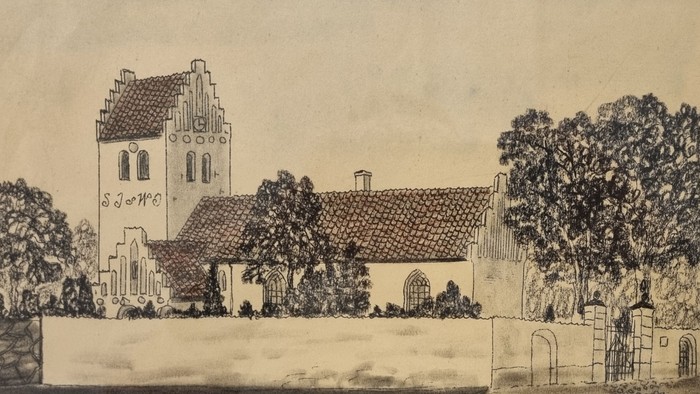 Tegnelse af kirke med tårn og omgivelser