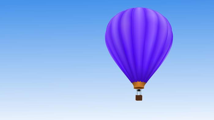 Lilafarbener Ballon mit Korb im blauem Himmel