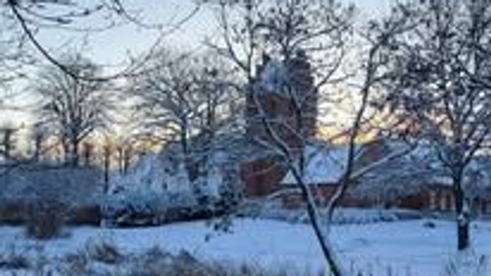 En snødekt have med et hus og et træ.