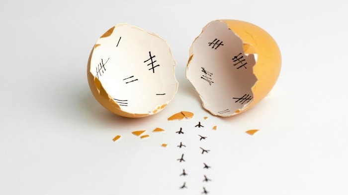 Eine rissige Eierschale mit kleinen Flugzeugsymbolen, die darum verstreut sind.