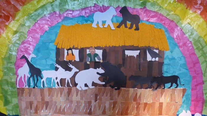 Buntes Collage mit Noahs Arche und Tieren