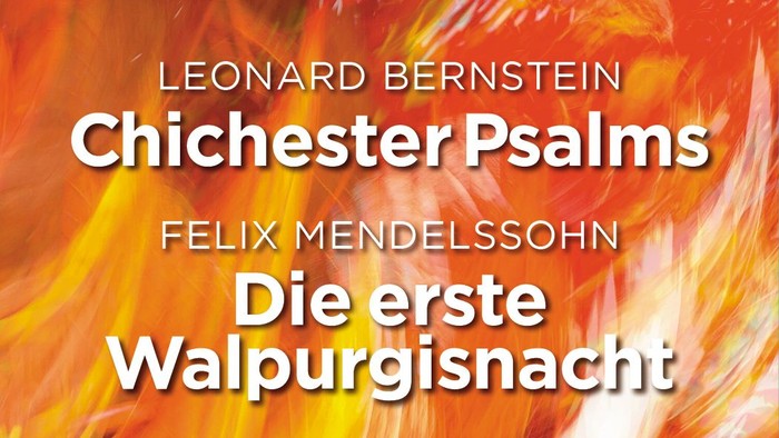 Albumcover mit Leonard Bernsteins *„Chichester Psalms“* und Felix Mendelssohns *„Die erste Walpurgisnacht“* mit lebendiger Illustration.