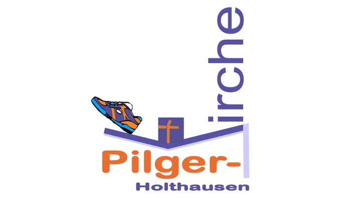 Logo für die Pilger-Holthausen-Kirche mit einem Schuh- und Kreuzsymbol, das Glauben und Gemeinschaft symbolisiert.