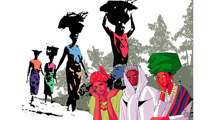 Vor einem Wald gehen vier Frauen, davor sitzen vier Frauen in Gedanken.