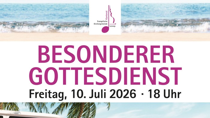Plakat kündigt einen besonderen Gottesdienst mit Strandfeeling an, mit Musik von Hannah Loch und Guido Dehn am 10. Juli 2026.