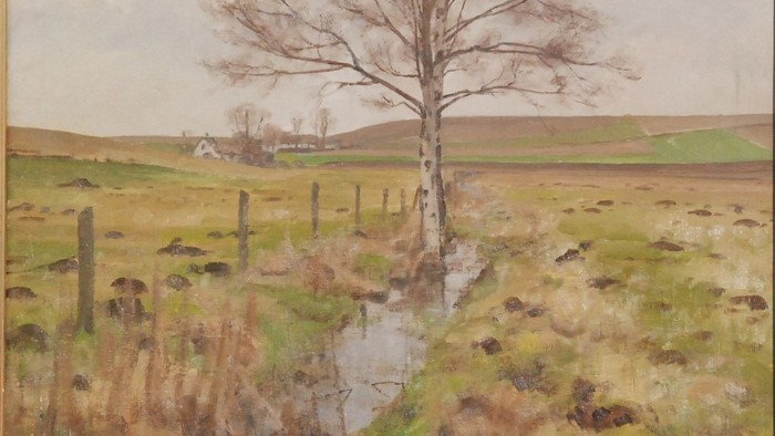 En ensom træ i en åben landskab med en muddervej og en stakethegn