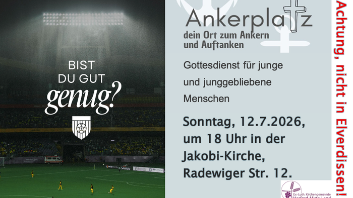 Anzeige für einen Gottesdienst für junge Erwachsene in der Jakobi-Kirche, der Fußball und Glaubensthemen verbindet.
