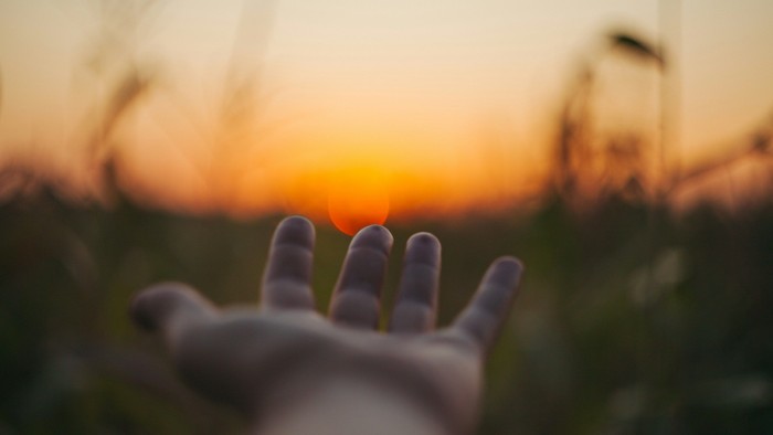 Hånd, der rækker ud mod solnedgang på en mark.