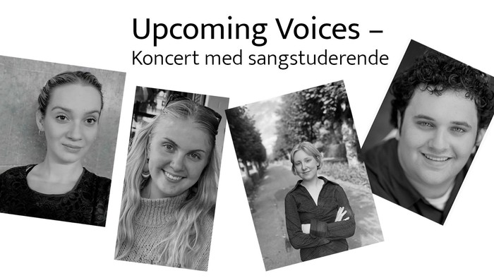 Fire sangstudenter i sort-hvitt billede med teksten