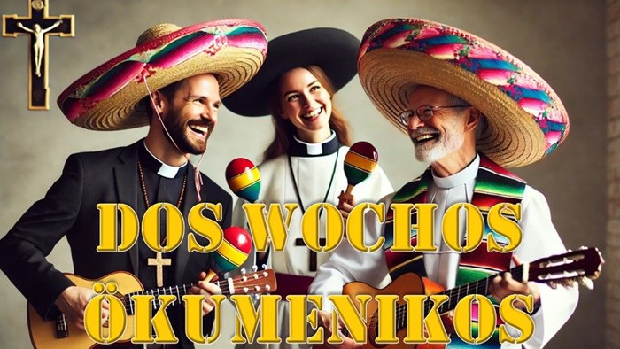 Drei Priester in farbenfrohen Sombreros feiern fröhlich, mit Maracas und Gitarre, den Text 
