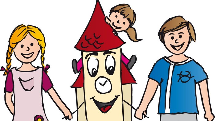 Drei Kinder halten ein Haus mit Gesicht und rotem Dach.
