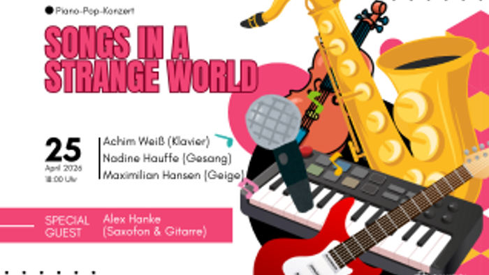 Das Bild zeigt ein farbenfrohes Poster mit Musikinstrumenten und Text in Deutsch