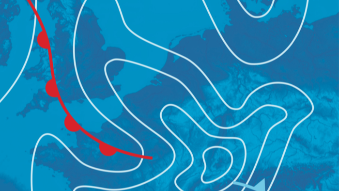 Eine blaue topografische Karte mit einem rot-weißen Weg.