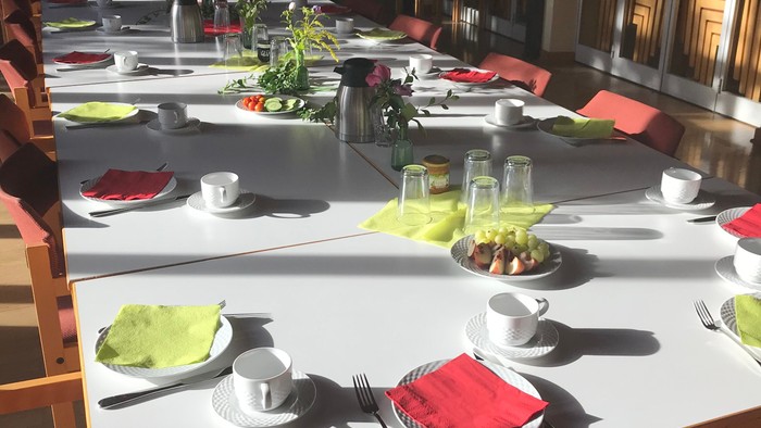 Elegant gedeckter langer Esstisch mit Tellern, Servietten, Gläsern und kleinen Speisenarrangements im natürlichen Licht.