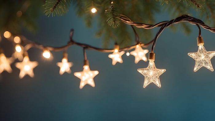 Julelys med stjerner hænger i et træ.