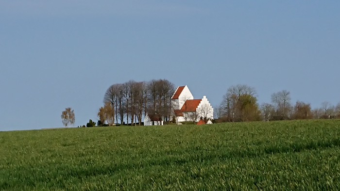 En hvid hytte med rødt tag i grøn marker med træer i baggrunden