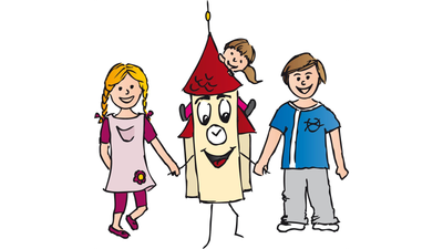 Drei Kinder stehen beieinander, eines trägt eine Hexenhut-Kappe.