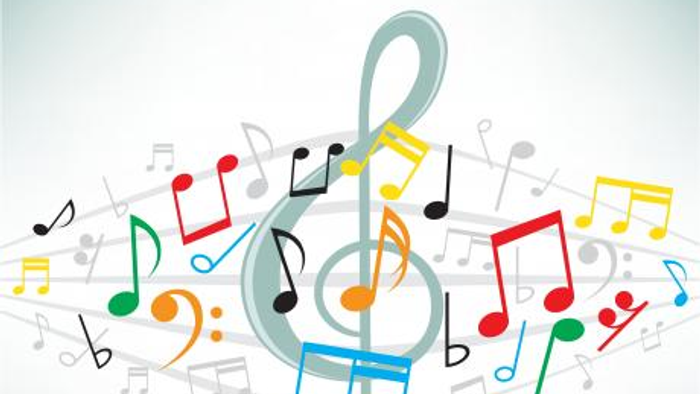 Billedet viser en farvelæggende musikalsk notation med en treblads-symbol i midten.