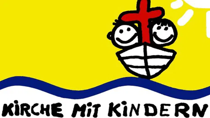 Zwei Kinder in einem Boot mit Kreuz auf gelbem Hintergrund, darunter 