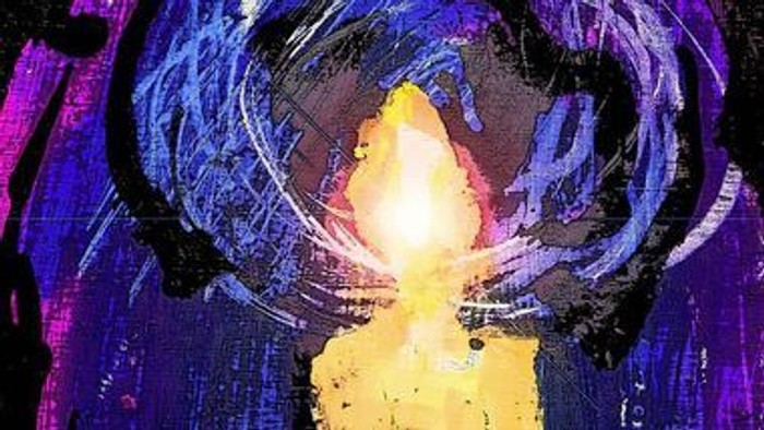 Ein abstraktes Gemälde mit einer leuchtenden gelben Mitte und dunklen, wirbelnden Rändern.