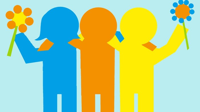 Drei bunte Figuren, die Blumen halten