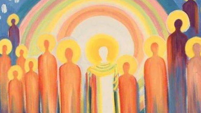 A group of people with halos surrounding a central figure under a rainbow.