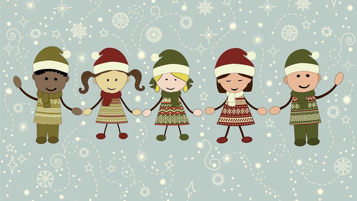 Fem børn i vintertøj, der holder hinanden i hånden, med snefnug i baggrunden.